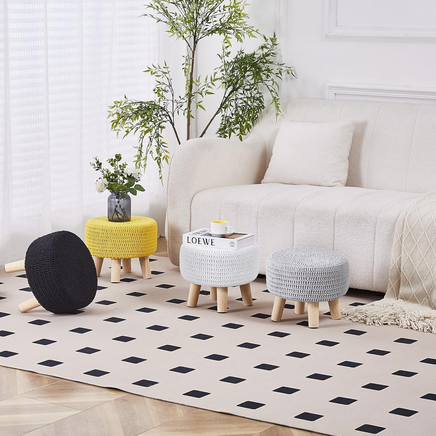 Wimarsbon Pouf Ottoman, 100% Cotton Knitted Boho Footstool, Round Footrest with Non-Skid Wood Legs, Home Décor Handmade Pouffe, Leisure Floor Step Stool for Living Room (Beige)