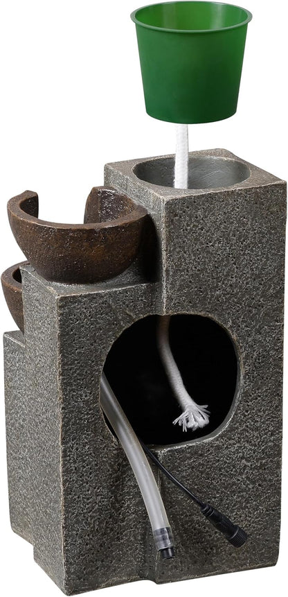 Resin Tabletop Waterfall Fountain with LED Light & Plant Pot, Indoor Desk Water Fountains for Home Office Decor (22028N)