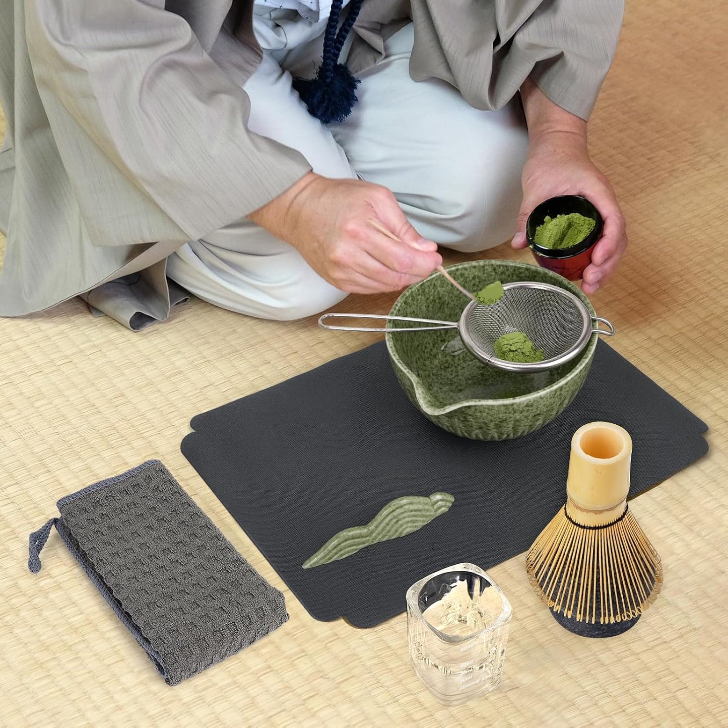 Joiish Matcha Whisk Set, Matcha Kit 10-Pcs, Bamboo Whisk and Ceramic Bowl with Spout & Measuring Spoon & Cup, Japanese Ceremony Matcha Tea Powder Making Tools, Light Green