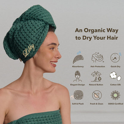 Luxury Organic Japanese Cotton Hair Drying Waffle Towel Wrap for Women | Absorbent, Quick-Dry Head Turban for Shower, Sauna, Spa | Extra Large for Long, Curly, Straight Hair With Button (White, 1 Pc)