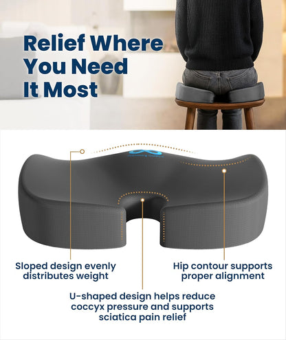 Everlasting Comfort Doctor Recommended Memory Foam Seat Cushion for Office Chairs & Car - Ergonomic Office Desk Accessories - Cushions for Tailbone Pain Relief, Sciatica (Black, Large)