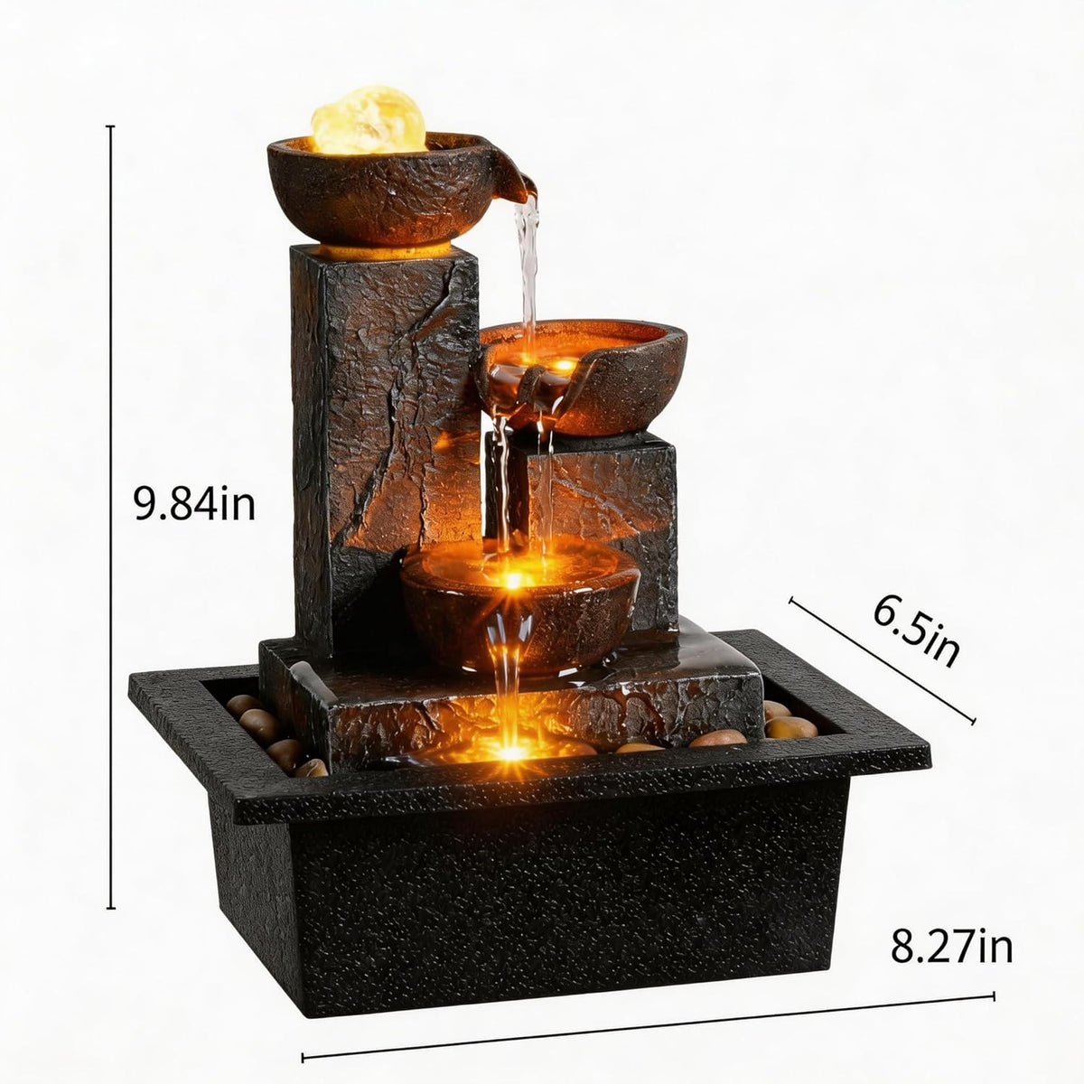 Tolevoit Three Bowls with Rotating Ball Flowing Tabletop Fountain Home Décor Indoor Decor Waterfall Sound Zen Mini Fountain Warm Led Light Pebbles Stone(23114)