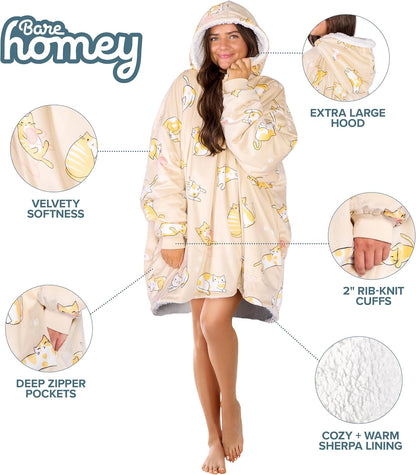 Bare Home Wearable Blanket Hoodie - Soft Plush Sherpa - Warm and Cozy - Oversized Wearable Blanket