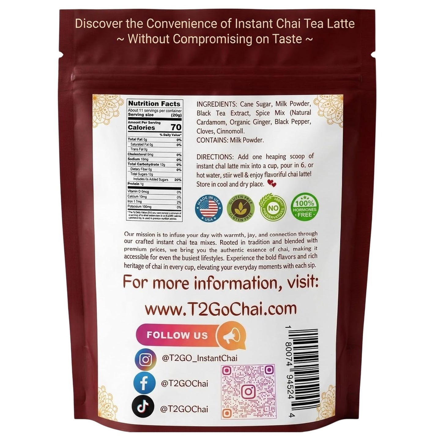 T2GO Authentic Karak Masala Chai Tea Mix – Just Add Water, 8 oz | Bold karak-style masala chai — real milk & spices in every scoop, no simmering