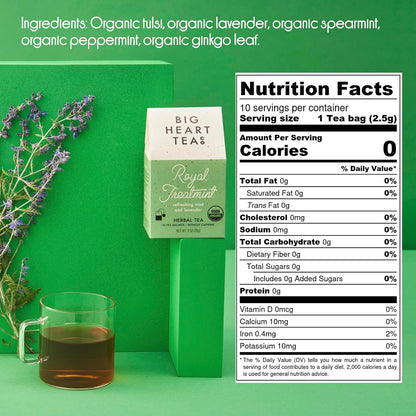 Big Heart Tea Co. Tea Bags - Royal Treatmint Lavender Mint - Certified Organic, Ayurvedic Herbal Decaf Tea in Zero Plastic Sachets - Small Batch Ground Herbs, Adaptogenic Tulsi, Ginkgo Leaf, 50 Pack