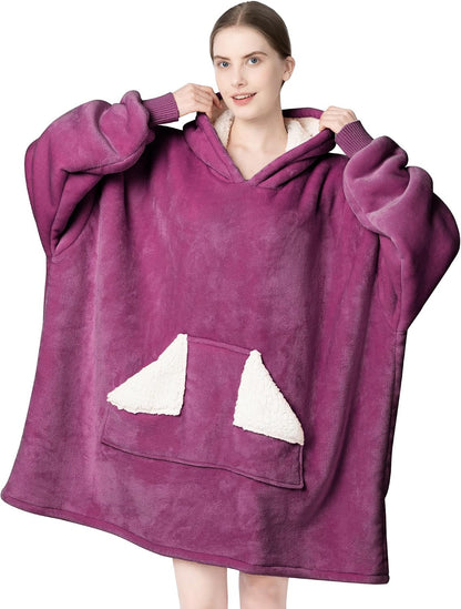 Touchat Wearable Blanket Hoodie, Oversized Sherpa Blanket Sweatshirt with Hood Pocket and Sleeves, Super Soft Warm Plush Hooded Blanket for Adult Women Men, One Size Fits All (Pink)
