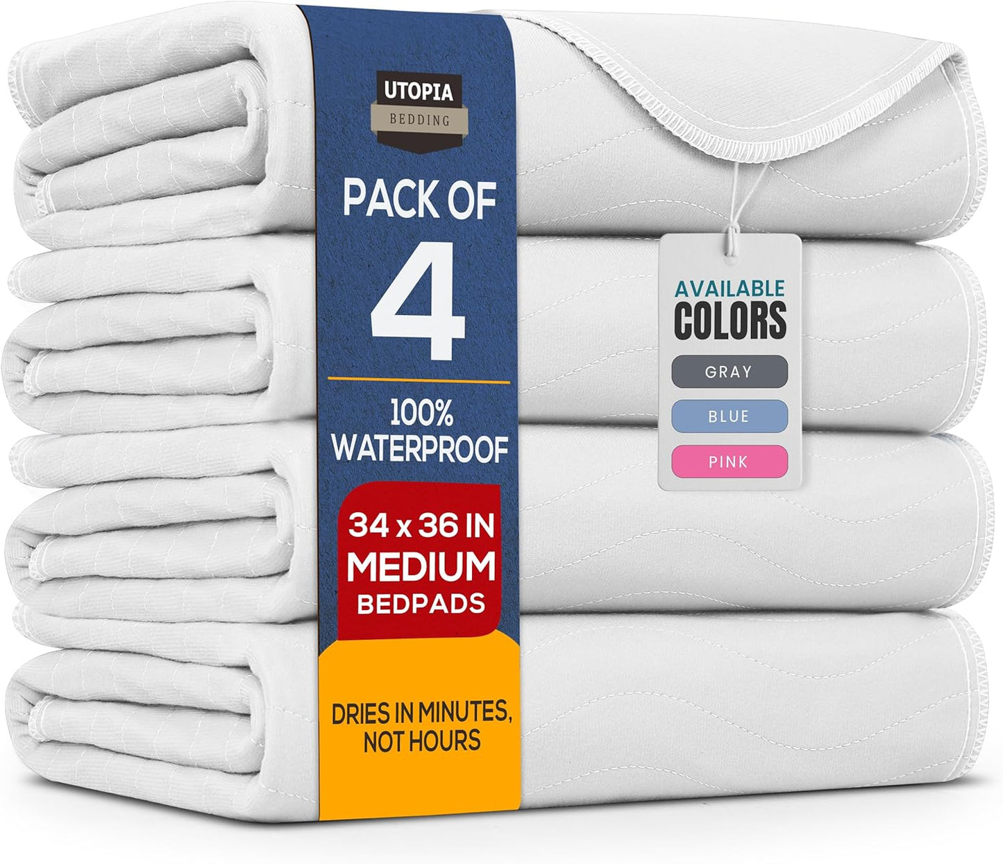 Utopia Bedding Washable Underpads 34" x 36" (Pack of 4), Waterproof Reusable Heavy Absorbency Incontinence Bed Pads for Adults, Kids, Elderly and Pets, Bedwetting Pads for Sofa and Couch (Blue)