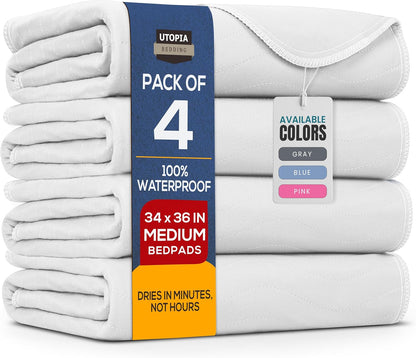 Utopia Bedding Washable Underpads 34" x 36" (Pack of 4), Waterproof Reusable Heavy Absorbency Incontinence Bed Pads for Adults, Kids, Elderly and Pets, Bedwetting Pads for Sofa and Couch (Blue)