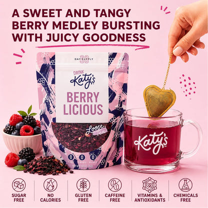 Katy’s Berry Loose Leaf Tea - Hibiscus, Blueberry & Cranberry - Fruity Herbal Tea, Caffeine-Free, Sugar-Free - Hot or Iced Tea - 30+ Cups
