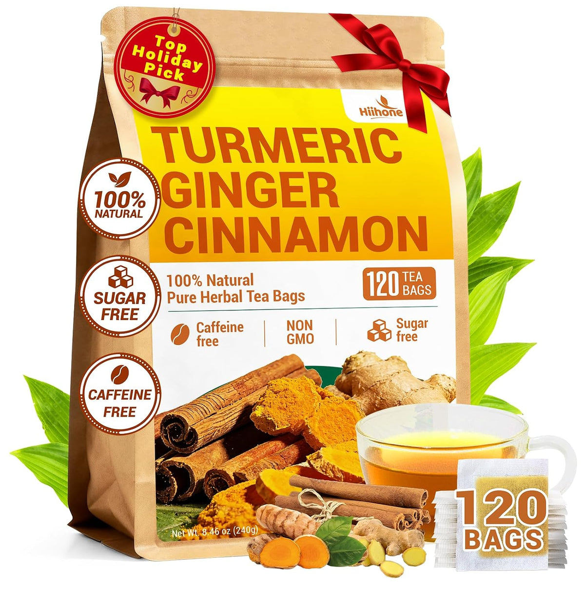 Turmeric Ginger Cinnamon Tea Bags, No Sugar, No Caffeine, 120 Count