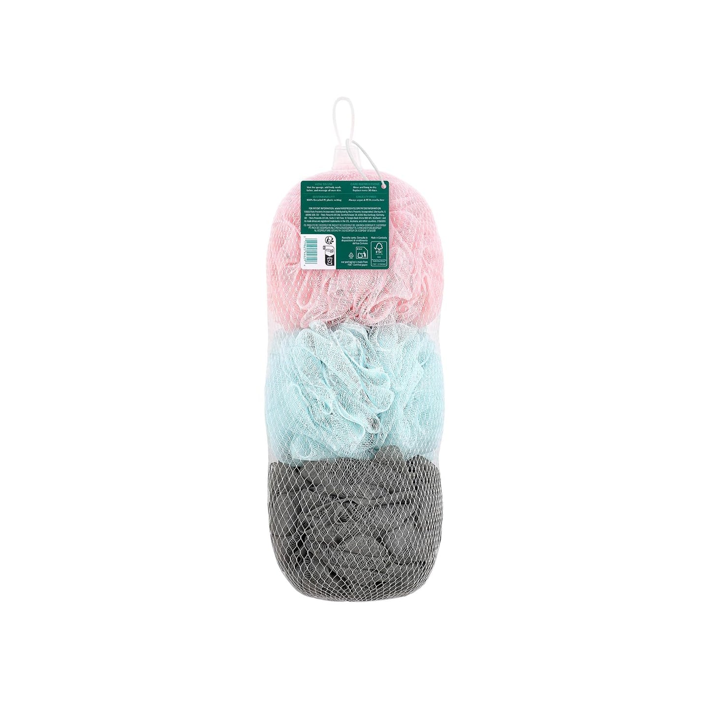 EcoTools EcoPouf 3 Pack Bath Sponge Set, Soft Recycled Netting Shower Poufs for Gentle Exfoliating & Daily Body Cleansing, Rich Lather Loofah Sponges, Vegan & Cruelty-Free