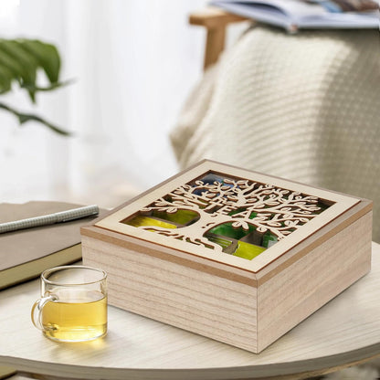 Wood Tea Box Organizer,Tea Organizers and Storage with Tree Pattern,Tea Bag Holder,Decorative Tea Storage Organizer Box,9 Compartments Tea Organizer for Tea Bags Coffee