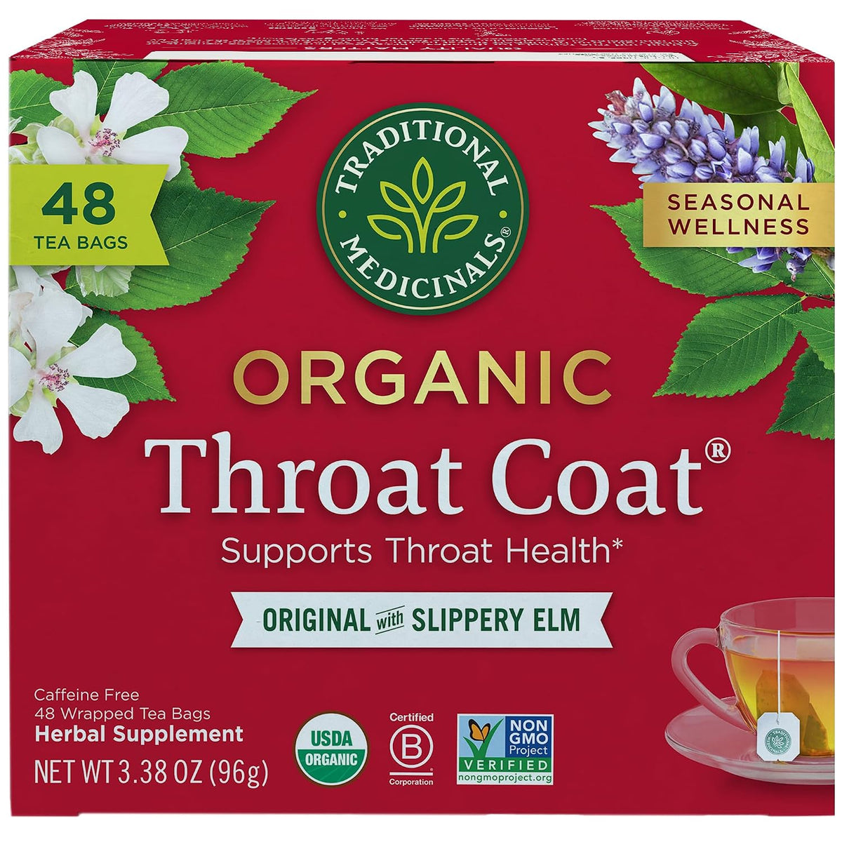 Traditional Medicinals Organic, Throat Coat Tea, Original with Slippery Elm - Supports Throat Health - Kosher, Non-GMO, Caffeine-Free, Compostable - 48 Tea Bags
