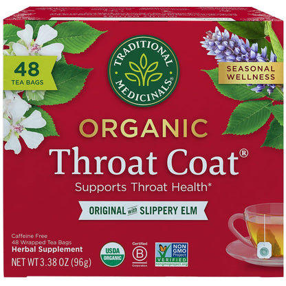 Traditional Medicinals Organic, Throat Coat Tea, Original with Slippery Elm - Supports Throat Health - Kosher, Non-GMO, Caffeine-Free, Compostable - 48 Tea Bags