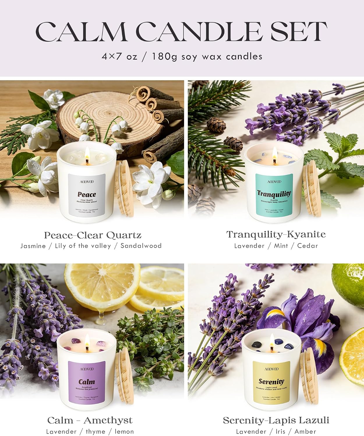 AOOVOO Calm Candles Set for Women - 4 Pack Candles for Home Scented, 28 oz 200 Hour Burn, Aromatherapy Candle with Crystals, Lavender Calm/Jasmine Serenity/Water Lily Pear Harmony/Patchouli Balance