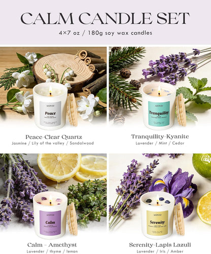 AOOVOO Calm Candles Set for Women - 4 Pack Candles for Home Scented, 28 oz 200 Hour Burn, Aromatherapy Candle with Crystals, Lavender Calm/Jasmine Serenity/Water Lily Pear Harmony/Patchouli Balance