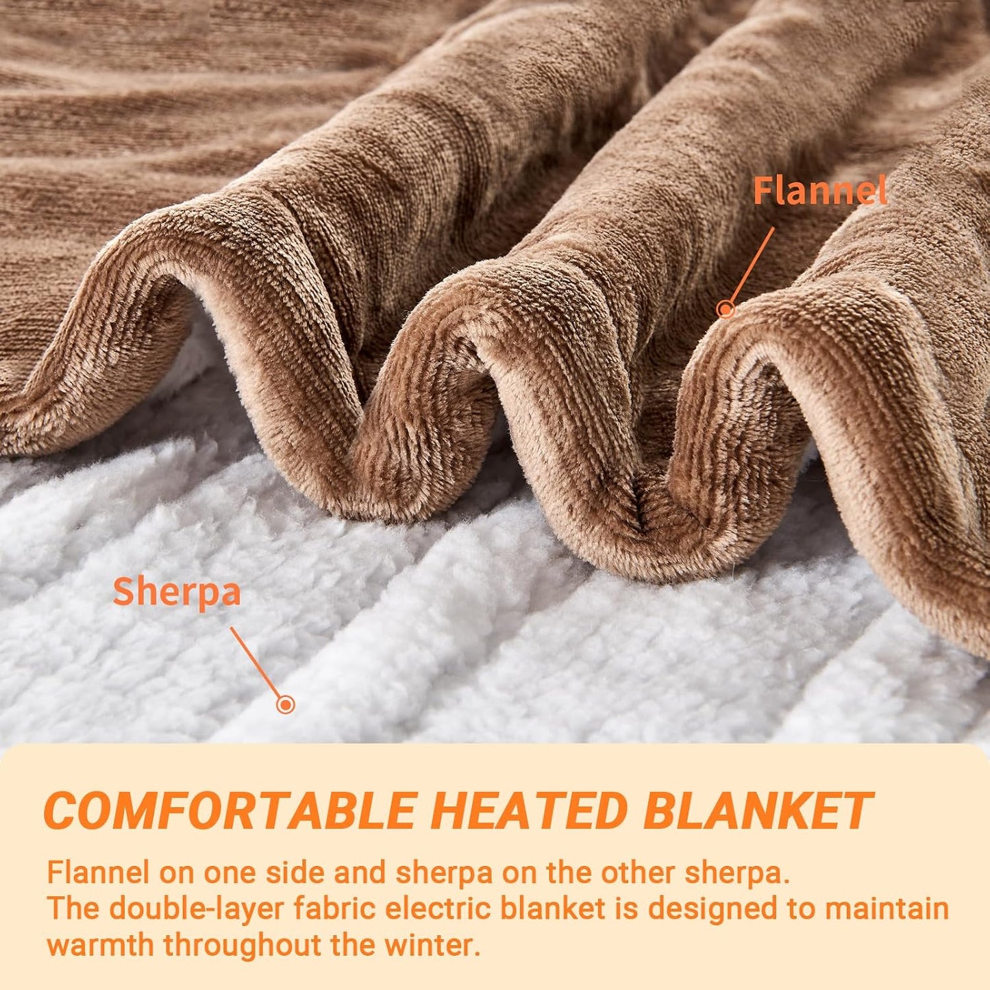 Electric Blanket Heated Throw, Soft Flannel 50"x60" Heating Blanket with 8 Hours Auto Off 10 Fast Heating Levels Machine Washable Sherpa Heated Blanket with Overheating Protection