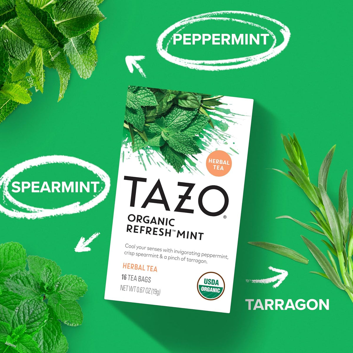 TAZO Organic Refresh Mint Herbal Tea Bags with Peppermint and Spearmint, Caffeine Free, 16 Total Tea Sachets
