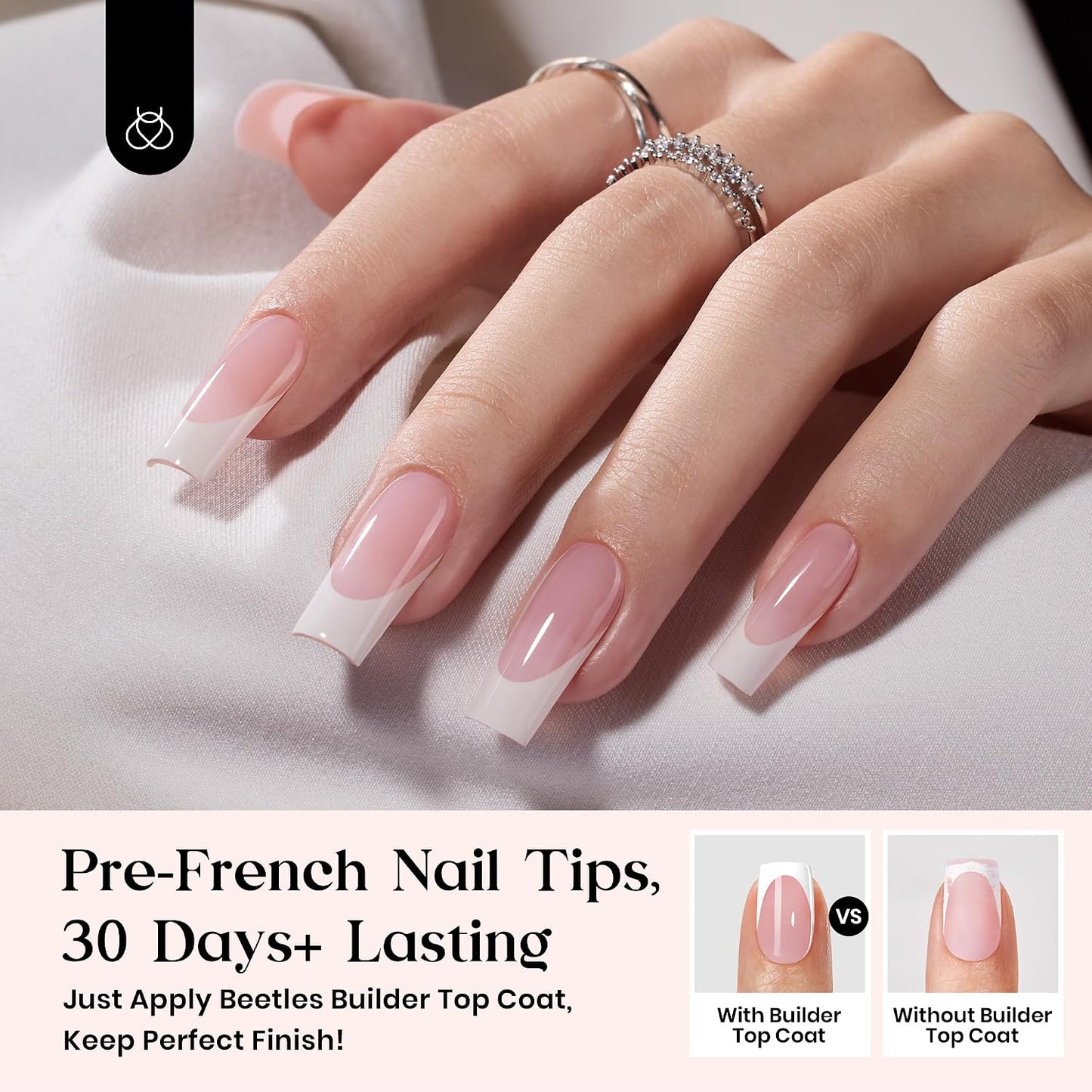 Beetles Press On Nail Kit-Short Square French Tip Press On Nails, 150Pcs Pink French Nail Tips with Nail Glue & Remover Builder Top Coat Nail Lamp, All-in-One DIY Fake Nails Gift for Women