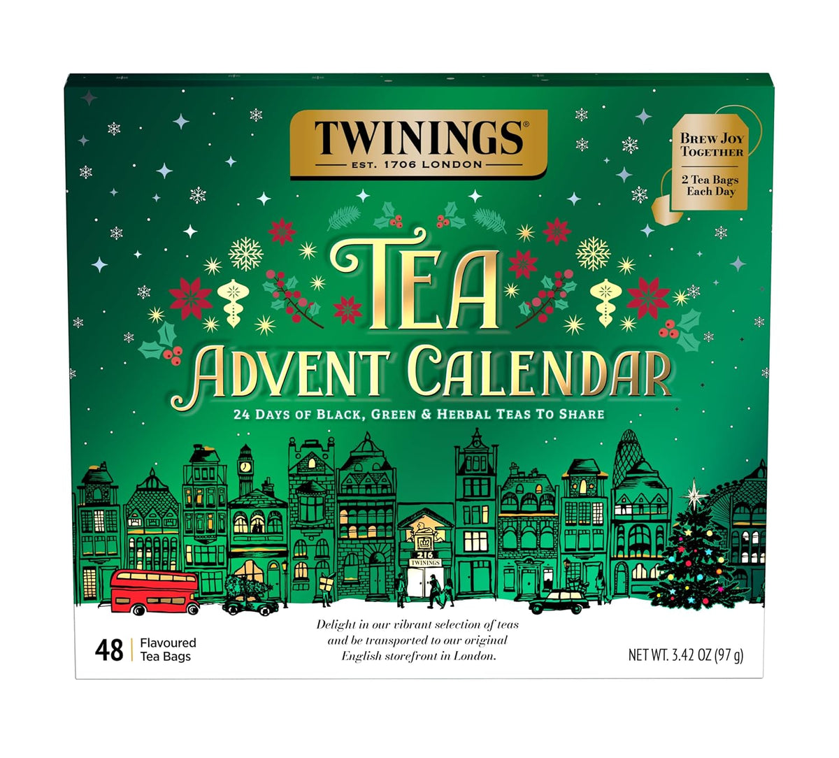 Twinings Tea Advent Calendar Gift Set, 24-Day Holiday Sampler with Black, Green & Herbal Teas, Christmas Countdown Box for Tea Lovers, Brew Joy Together, 48 Count (Pack of 1), 48 Tea Bags