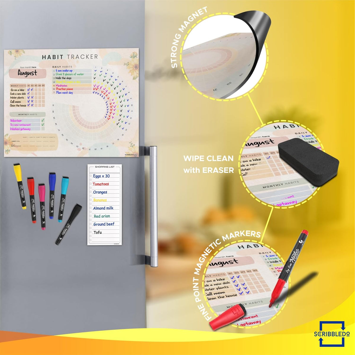 Habit Tracker Journal Workout Motivation Fridge Calendar Dry Erase 13” X 17” Magnet Health Fitness Goal Tracker Goals Board - With Shopping Grocery List - 6 Markers Included