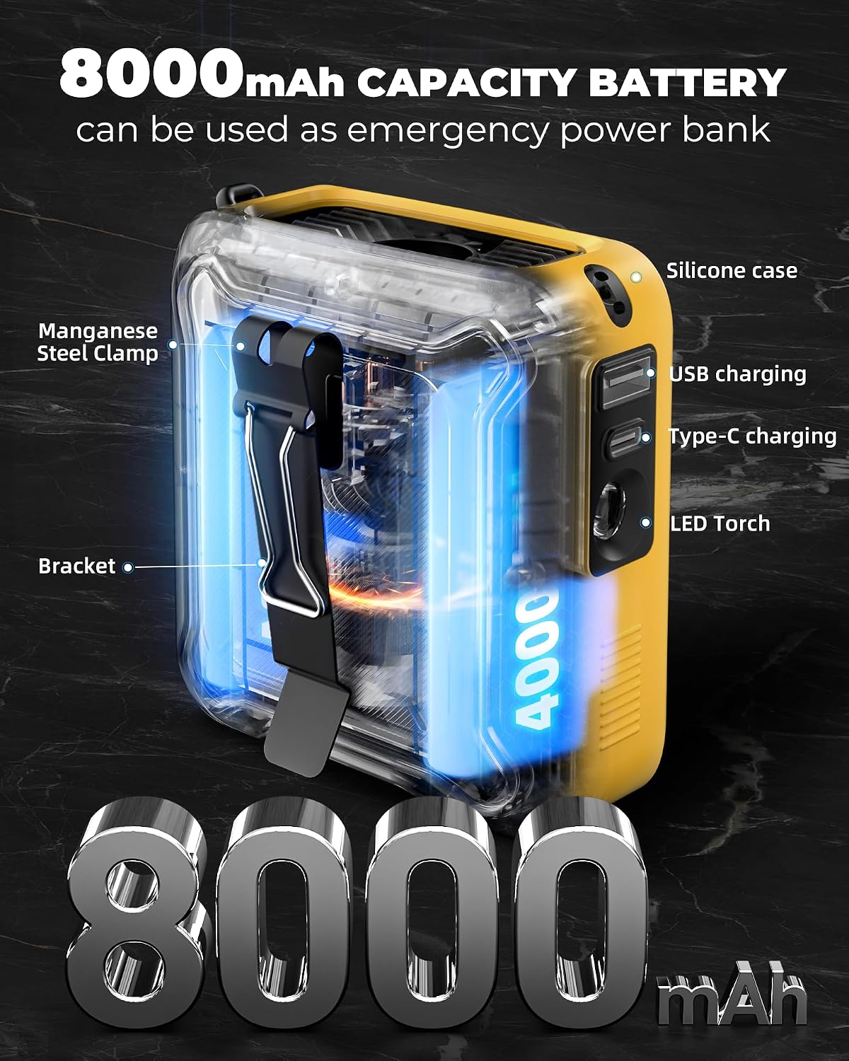 Portable Waist Fan Clip on Belt Under Shirt w/LED Display & Flashlight, 8000mAh Battery Powered, Rechargeable 5-Speed 14600RPM Personal Cooling Fan for Construction, Warehouse, Outdoor Jobsite, Orange