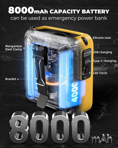 Portable Waist Fan Clip on Belt Under Shirt w/LED Display & Flashlight, 8000mAh Battery Powered, Rechargeable 5-Speed 14600RPM Personal Cooling Fan for Construction, Warehouse, Outdoor Jobsite, Orange