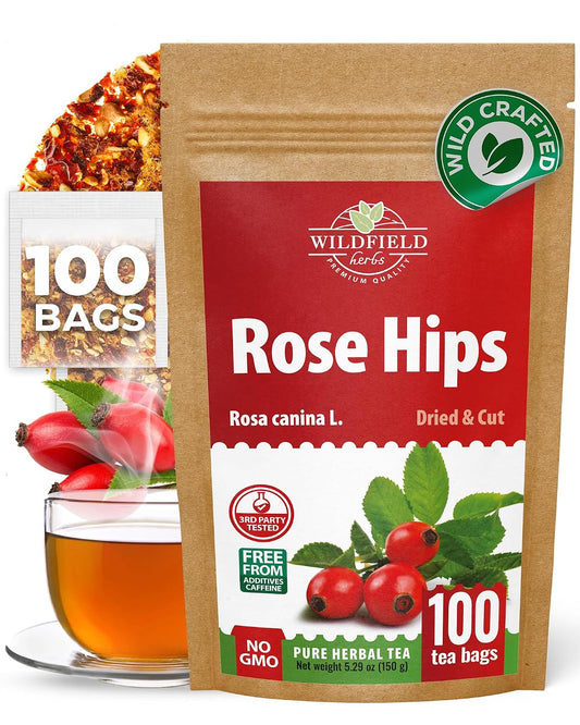 100 Bags Rosehips Tea Dried Rose Hips Crushed (Rosa Canina) - 100 Count 1.5 g Tea Bags Rosehip Berries