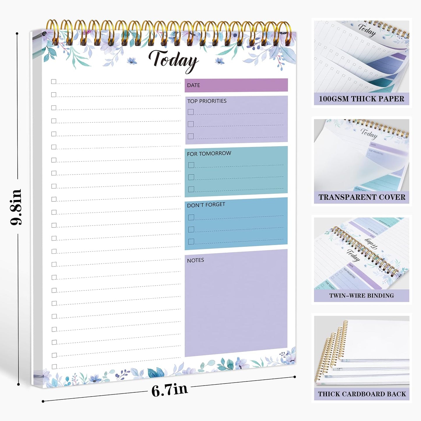 To Do List Notepad - Daily Planner Notepad 104 Pages Task Planner, 6.7" x 9.8" Double Sided Spiral Notebook with Checklist Productivity Planning Pad for Work Office Home-Pink