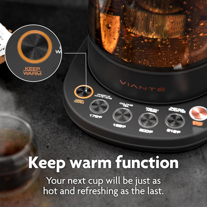 Viante Alba Electric Tea Kettle with Infuser, No Plastic In Contact With Water, 1.5L Borosilicate Glass, 304 Stainless Steel, 4 Temperature Presets, Keep Warm, Cordless, Auto Shut-Off