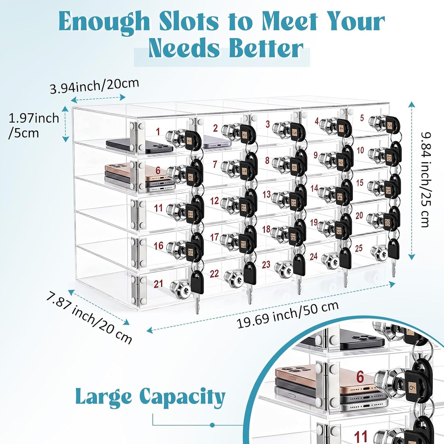 Layhit 20 Slots Cell Phone Locker Box for Classroom Clear Acrylic Cell Phone Storage Cabinet Bin with Door Locks for Classroom School Students Office Factory Employees