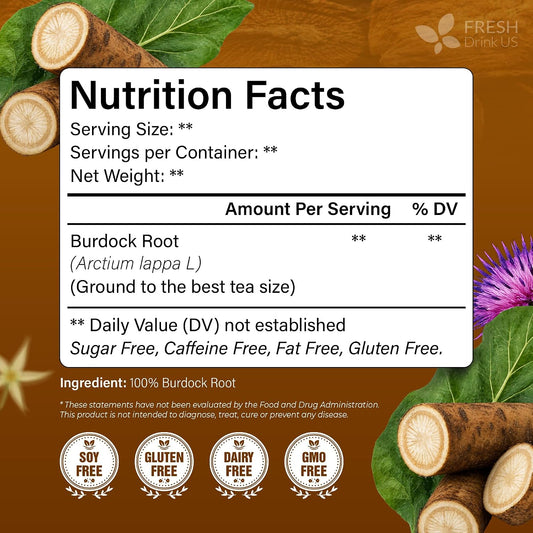 FreshDrinkUS, Premium 120 Burdock Root Tea Bags, 100% Natural & Pure, Herbal Tea. Made with Natural Material Tea Bags. No Sugar, No Caffeine, No Gluten, Vegan.
