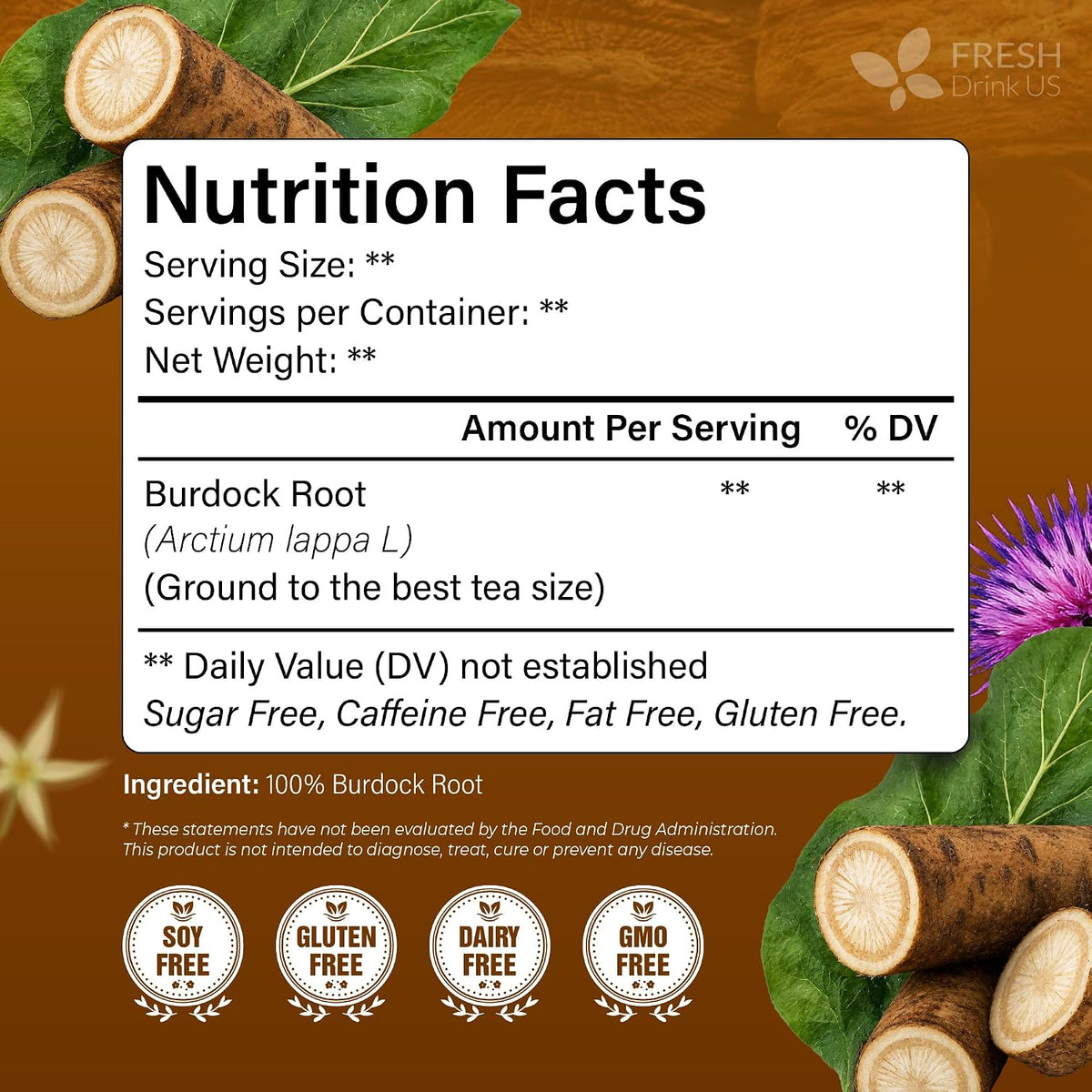 FreshDrinkUS, Premium Burdock Root Tea, 75 Count, Pure, Caffeine Free