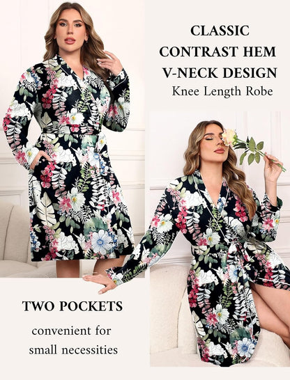 Ekouaer Plus Size Robes for Women Soft Bathrobe V Neck Soft Maternity Robe