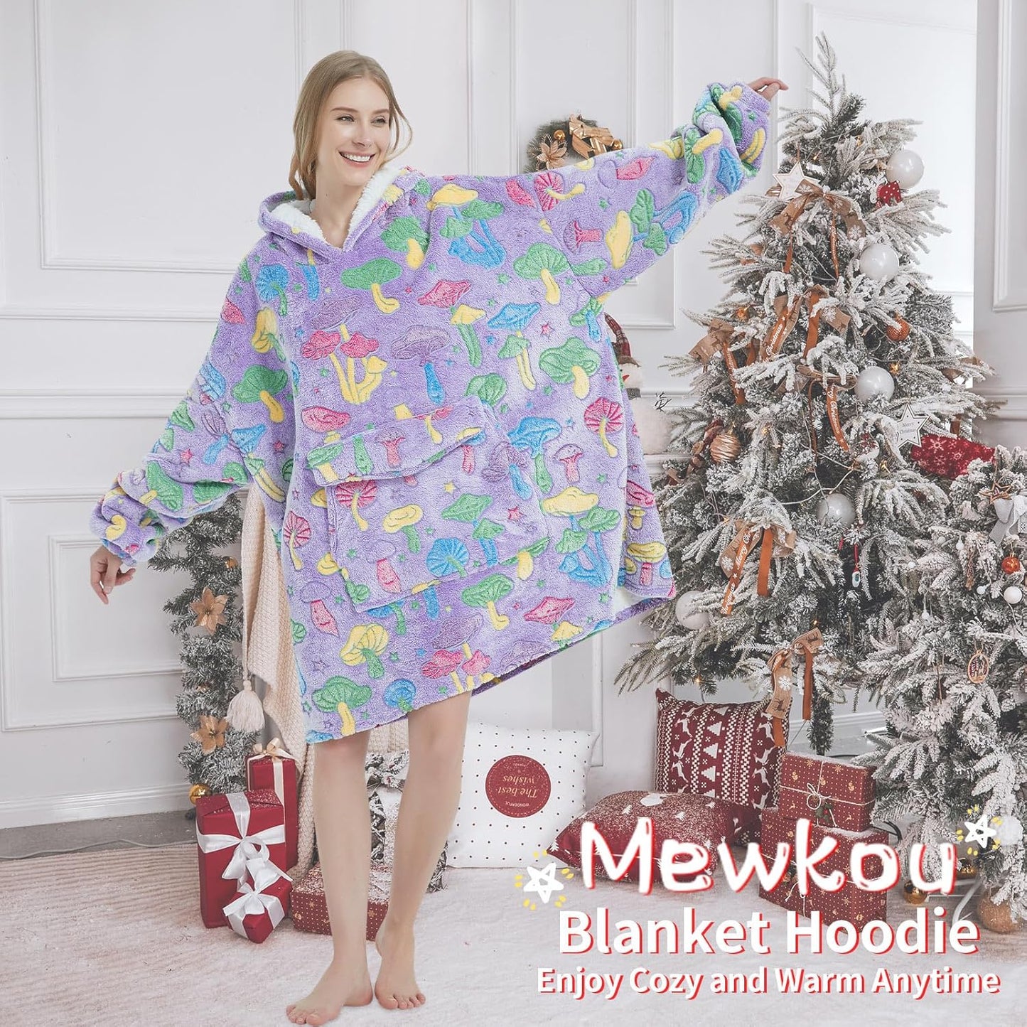 Mewkou Wearable Blanket Hoodie for Adult,Oversized Sherpa Fleece Blanket Hoodie for Women Men,Grey
