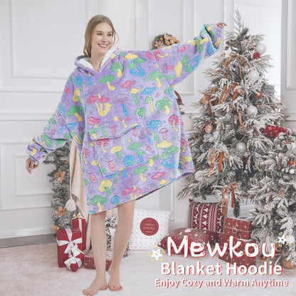 Mewkou Wearable Blanket Hoodie for Adult,Oversized Sherpa Fleece Blanket Hoodie for Women Men,Grey