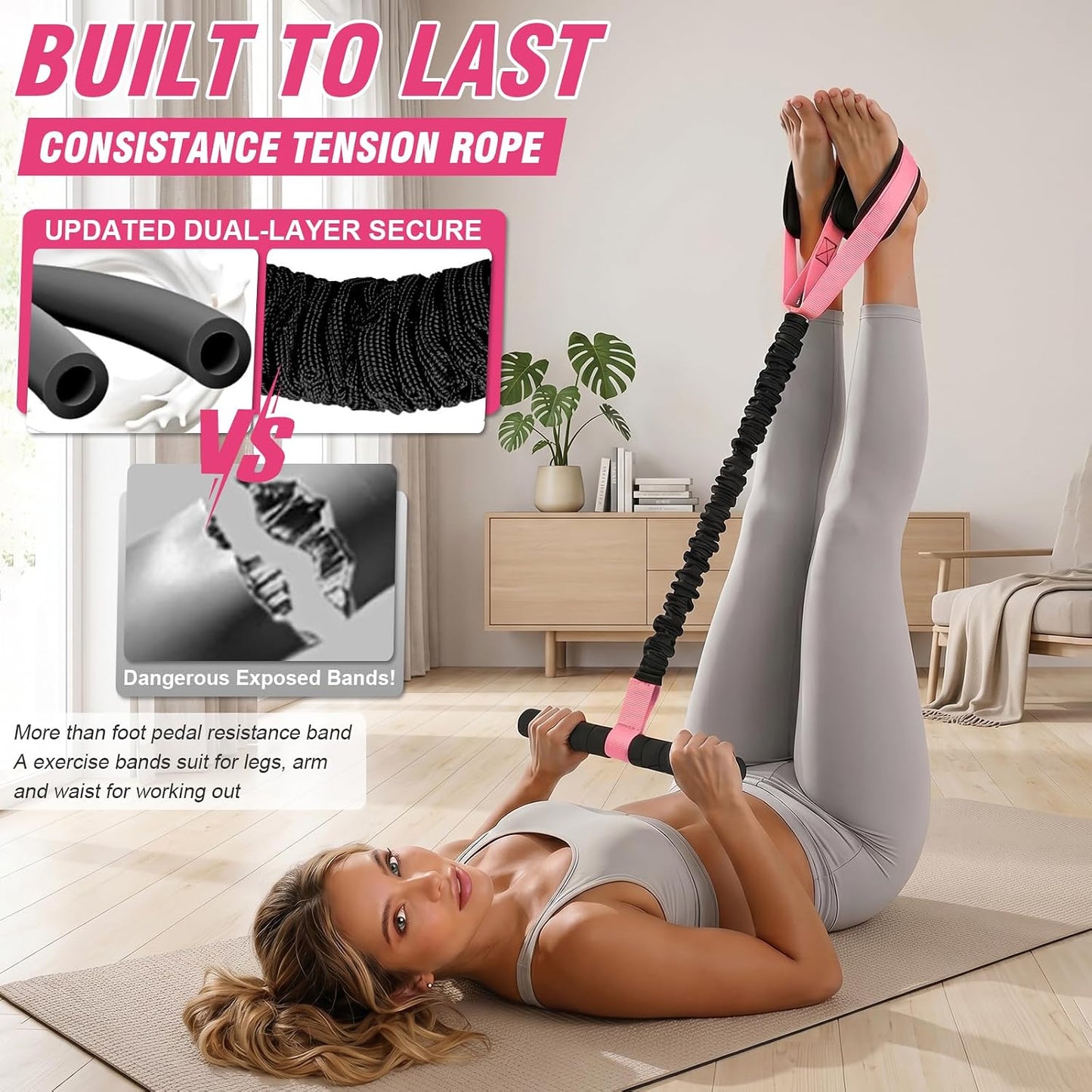 Pedal Resistance Band with Handles for Women, 55LBS Exercise Bands, Thickened Latex Tube, Non-Slip Foot Pedal, Full Body Workout Equipment for Abs/Core/Waist/Leg/Glutes/Arm Strength Training