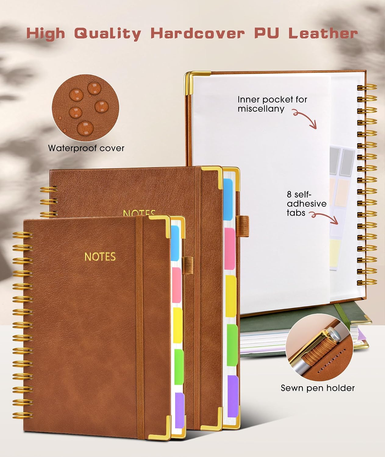 Hardcover Spiral Notebook journal with Removable Dividers Tabs, 300 Pages Leather 5 Subject Notebook College Ruled, 8"x10" Large B5 Notebooks for Work School Note taking, Lined Journal for Women,Black