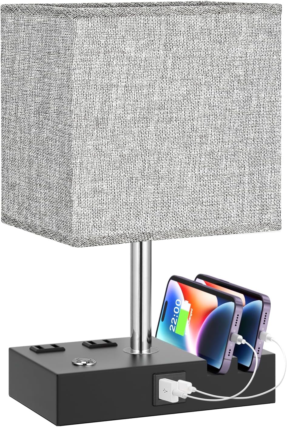 Kakanuo Fully Dimmable Nightstand Lamp for Bedroom with USB C Ports, Grey Small Bedside Table Lamp with Charging Outlets and Phone Stands, Wooden Desk Lamp for Living Room, LED Bulb Included