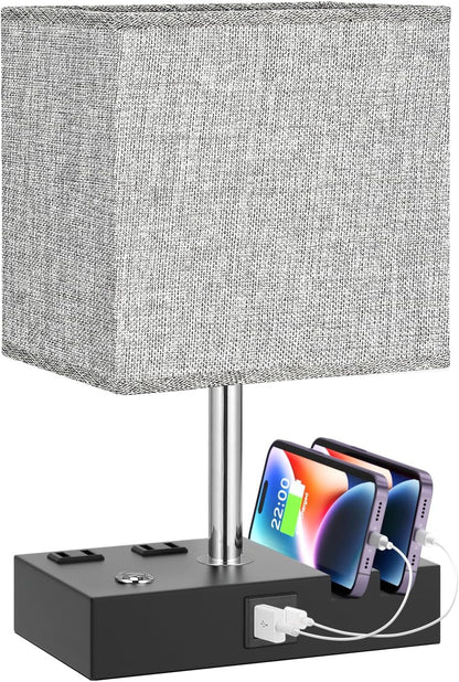 Kakanuo Fully Dimmable Nightstand Lamp for Bedroom with USB C Ports, Grey Small Bedside Table Lamp with Charging Outlets and Phone Stands, Wooden Desk Lamp for Living Room, LED Bulb Included
