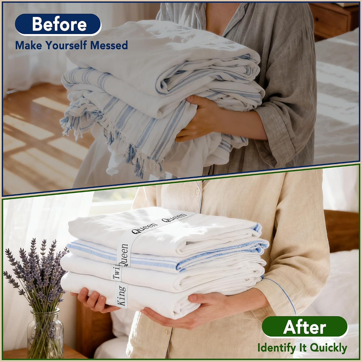 20 Pack Elastic Bed Sheet Organizer Bands with Size Labels，Elastic Bedding Band Labels for Organizing Bed Sheets with Assorted Sizes