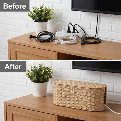 Set of 2 Cable Management Box, Handwoven Cord Hider Box with 3 Open Slots