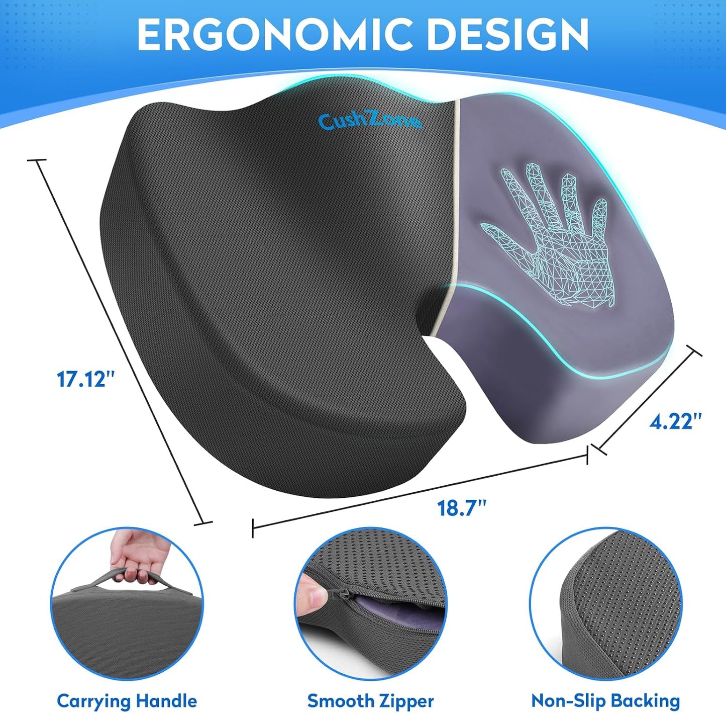 CushZone Seat Cushion - Memory Foam Office Chair Cushion for Sciatica, Tailbone & Back Pain Relief - Orthopedic Coccyx Pillow for Car, Airplane, Pregnancy & Long Sitting at Work, Black