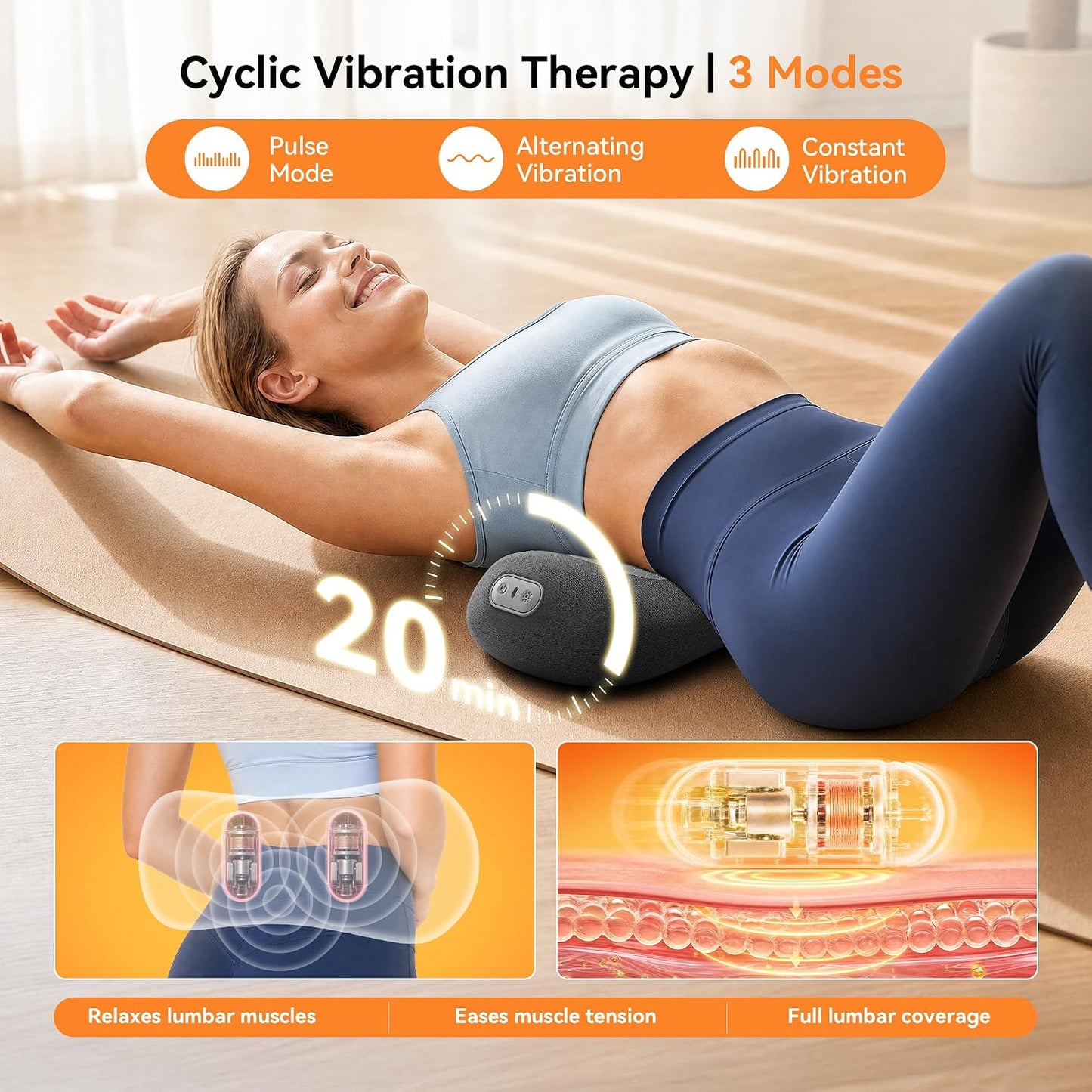Yunari 2026 Upgraded Cordless 3-in-1 Lumbar Support Pillow, Triple Fusion Back Massager with Heat, Vibration & Dual Airbag Stretching, Ergonomic Lower Back Pain Relief for Home, Office, Car and Travel
