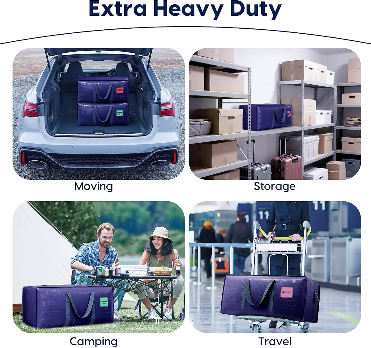 Moving Bags Heavy Duty 210GSM with Full-Open Side Zipper, 93L 220lbs Waterproof Foldable Storage Totes for College Dorm Move-In, Moving Boxes Alternative & Home Organization, Blue