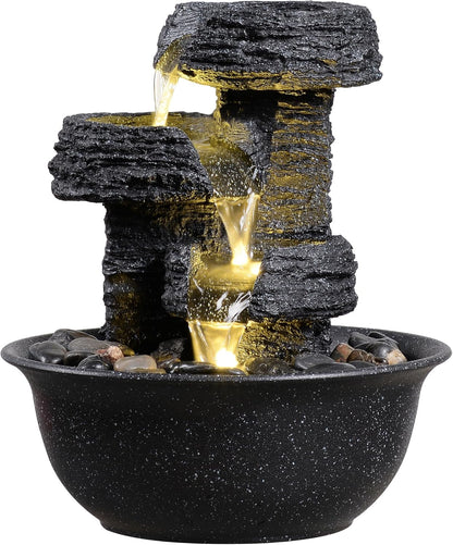 Rock Style Tabletop Fountain with LED Light – Indoor Waterfall Feature for Home or Office Décor, Relaxing Zen Desktop Water Fountain