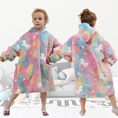 Fiosnow Glow in the Dark Unicorn Blanket Hoodies for Kids 6-13YR Oversize Wearable Blanket Hoodies for Boys Girls Teens