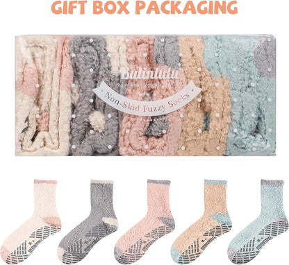 Bulinlulu Fuzzy Socks With Grips for Women, 5 Pairs Non Slip Sleep Warm Fluffy Slipper Socks Gifts for Women
