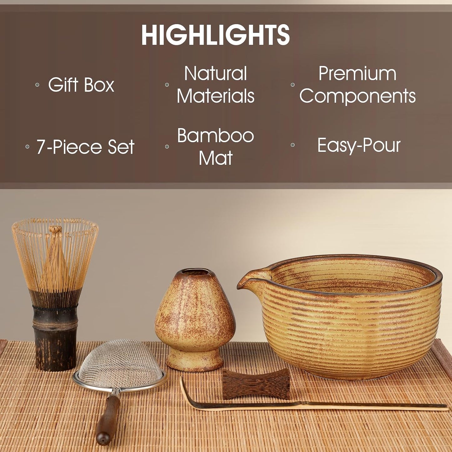 Matcha Whisk Set 7-Piece with Handmade Matcha Bowl & 100-Prong Purple Bamboo Whisk (Chasen), Complete Matcha Kit with Holder, Scoop & Rest, Bamboo Tea Mat, Gift-Ready Matcha Set