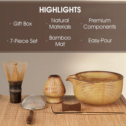 Matcha Whisk Set 7-Piece with Handmade Matcha Bowl & 100-Prong Purple Bamboo Whisk (Chasen), Complete Matcha Kit with Holder, Scoop & Rest, Bamboo Tea Mat, Gift-Ready Matcha Set